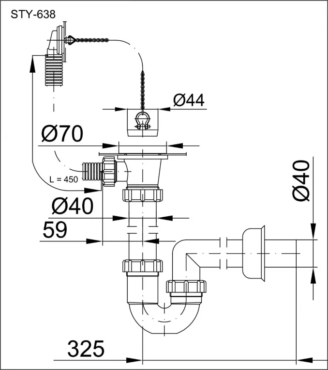 Sifon za sudoperu STYRON sa piletom Ø70mm i prelivom Ø40