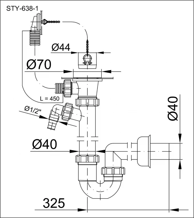 Sifon za sudoperu STYRON sa piletom Ø70mm prelivom i prikljuckom za vm. Ø40