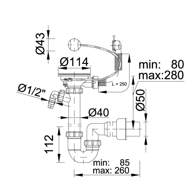 Sifon za sudoperu STYRON automatski sa piletom Ø114mm prelivom i priključkom za vm. Ø40