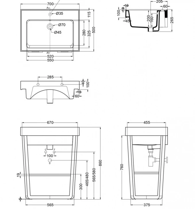 Lavabo sa postoljem COLAVENE ALAQUA sivo-bijeli mat 70x50