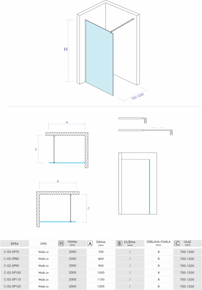 Walk-in COPEN PROJECT 1000x2000 8mm staklo