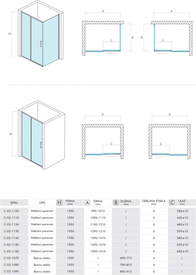 Stakleni paravan COPEN PROJECT 1100x1950 staklo 6mm providno