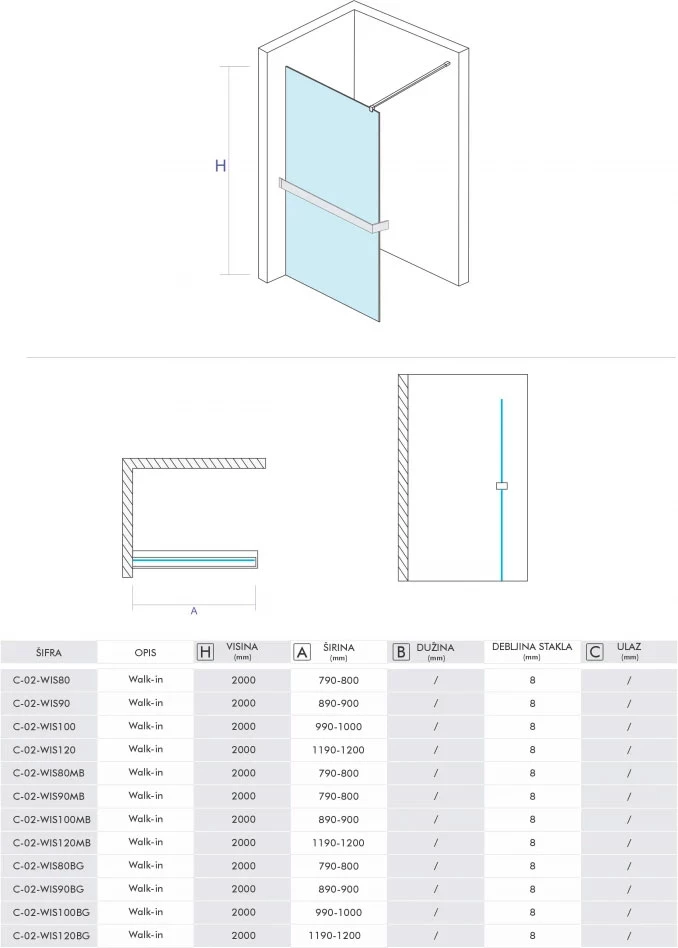 Walk-in COPEN MONTE SUPERIORE 1000x2000. 8mm staklo. polica i držač brušeno zlato