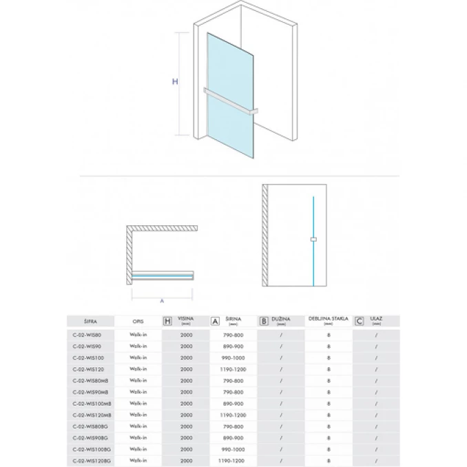 Walk-in COPEN MONTE SUPERIORE 1200x2000. 8mm staklo. polica i držač hrom