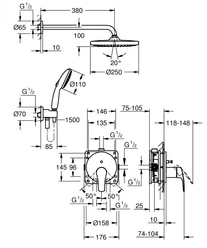 Ugradni set GROHE EUROSMART sa Tempesta tušem 250mm 2F