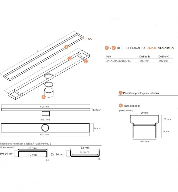 Tuš kanalica REVESTECH LINEAR BASIC DUO 60 set sa 3m2 membrane