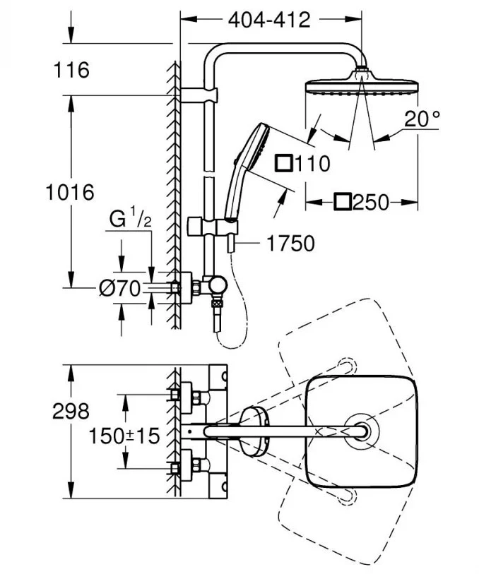 Termostatska baterija sa usponskim tušem GROHE TEMPESTA SYSTEM 250 CUBE