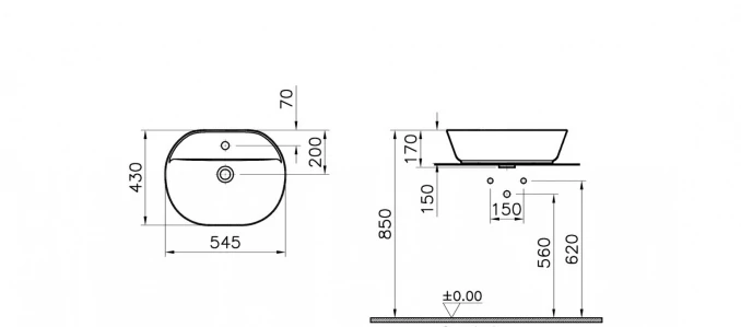 Lavabo nadgradni VITRA Geo 54,5x43cm bez preliva sa otvorom za slavinu