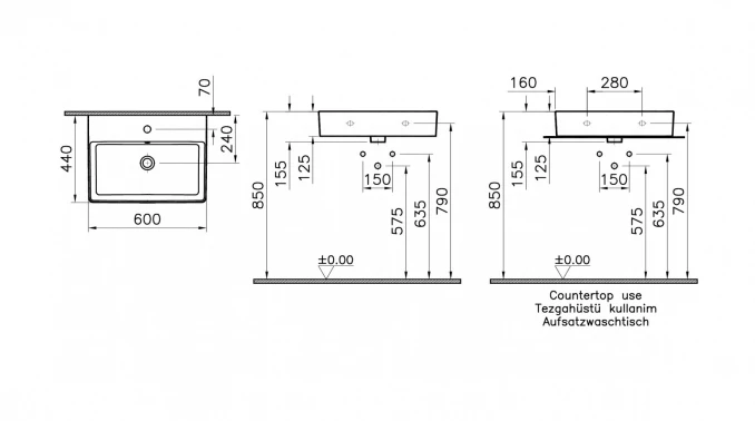 Lavabo nadgradni VITRA NUO 60x44cm sa prelivom sa otvorom za slavinu