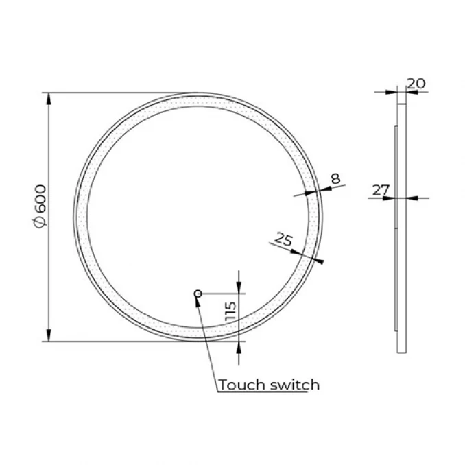 Ogledalo COPEN fi600 sa alu ramom 20mm LED mat crno