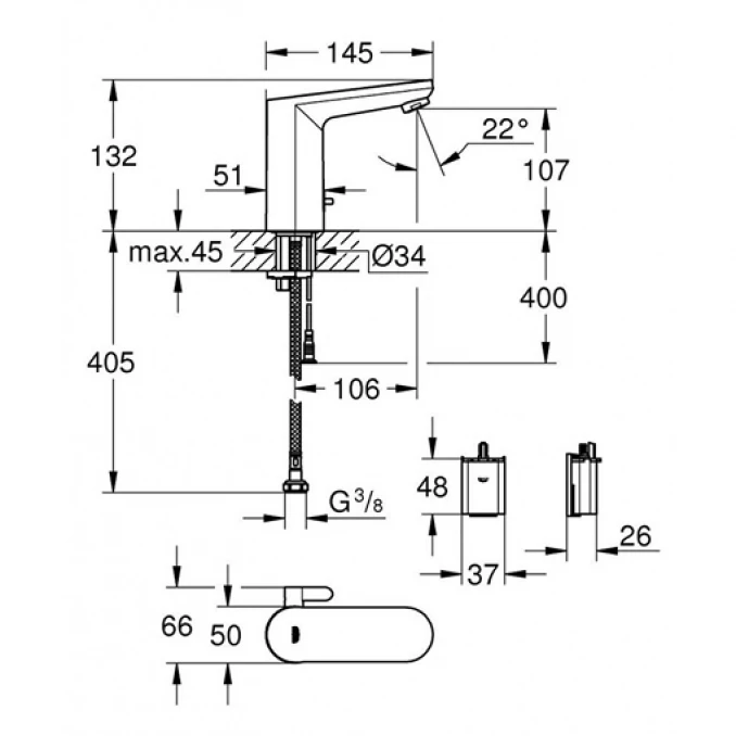 Senzorska baterija za lavabo GROHE EUROSMART COSMOPOLITAN E T/H bat. napaj 6V