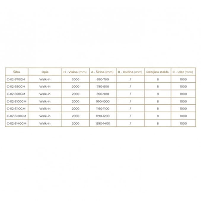 Walk-in COPEN MONTE 1000x2000 8mm staklo gunmetal