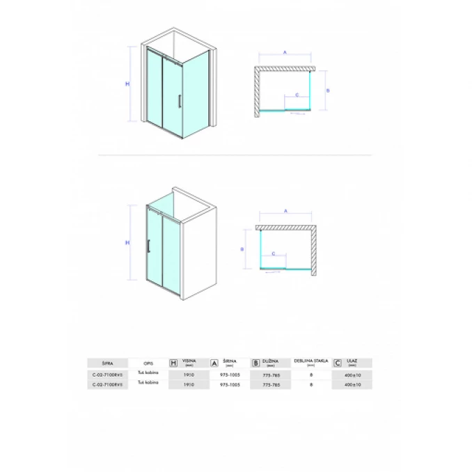 Tuš kabina COPEN NEPTUN 1200x800 staklo 8mm providno reverzibilna