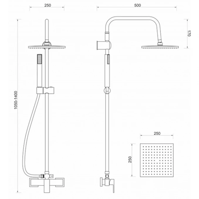 Baterija za tuš MINOTTI QUADRA NEW sa komplet usponskim tušem ruža 250x250