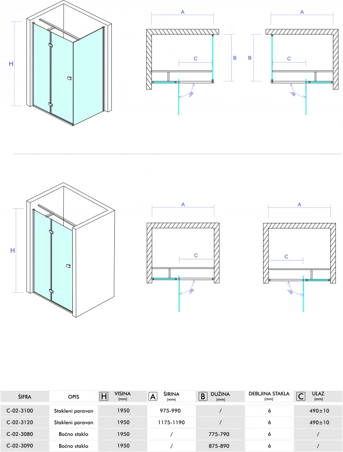 Stakleni paravan COPEN FONTA 100x195cm staklo 6mm providno