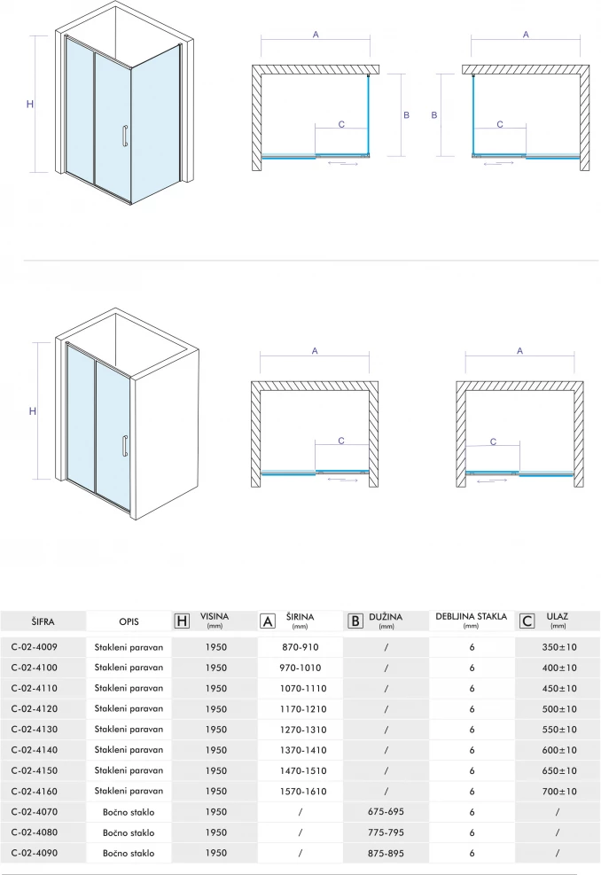 Stakleni paravan COPEN ATLAS 90x195cm staklo 6mm providno