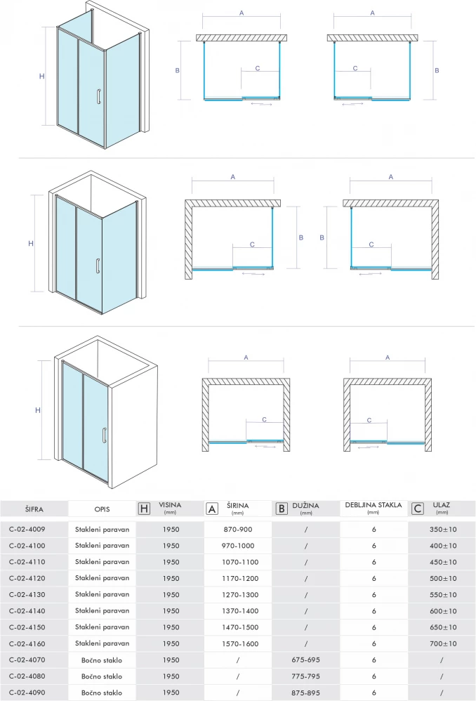 Stakleni paravan COPEN ATLAS 120x195cm staklo 6mm providno