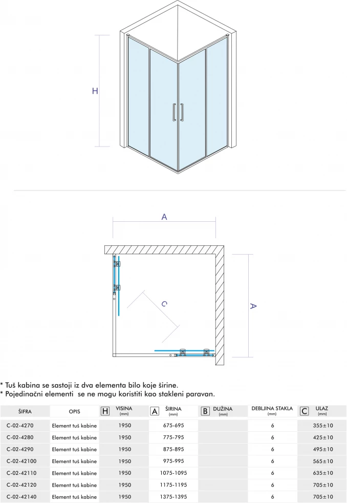 Element tuš kabine COPEN ATLAS ELEMENT 100x195cm staklo 6mm providno