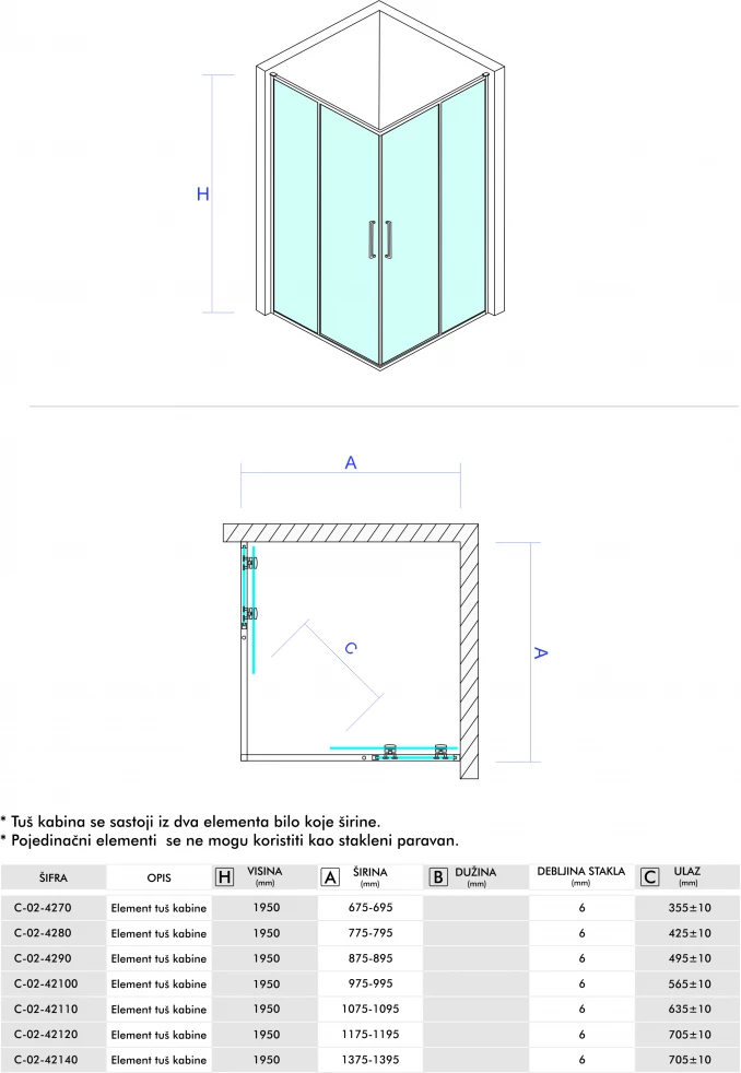 Element tuš kabine COPEN ATLAS ELEMENT 110x195cm staklo 6mm providno