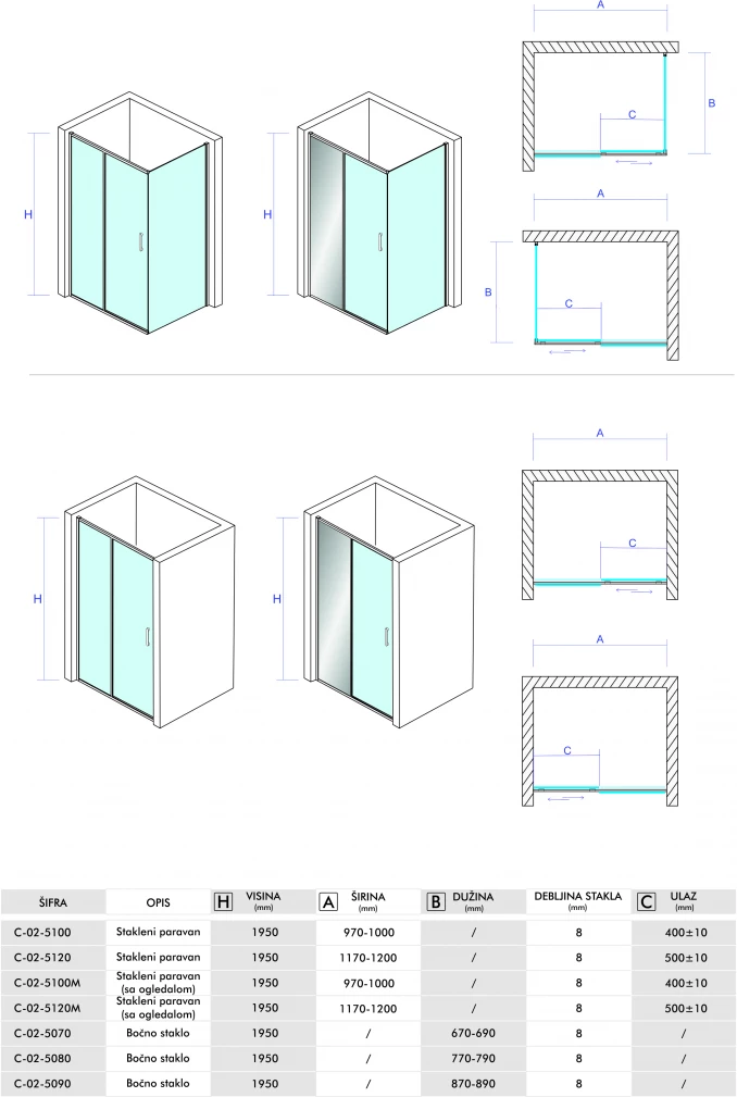 Stakleni paravan CONCEPT TITAN 100x195cm staklo 8mm providno