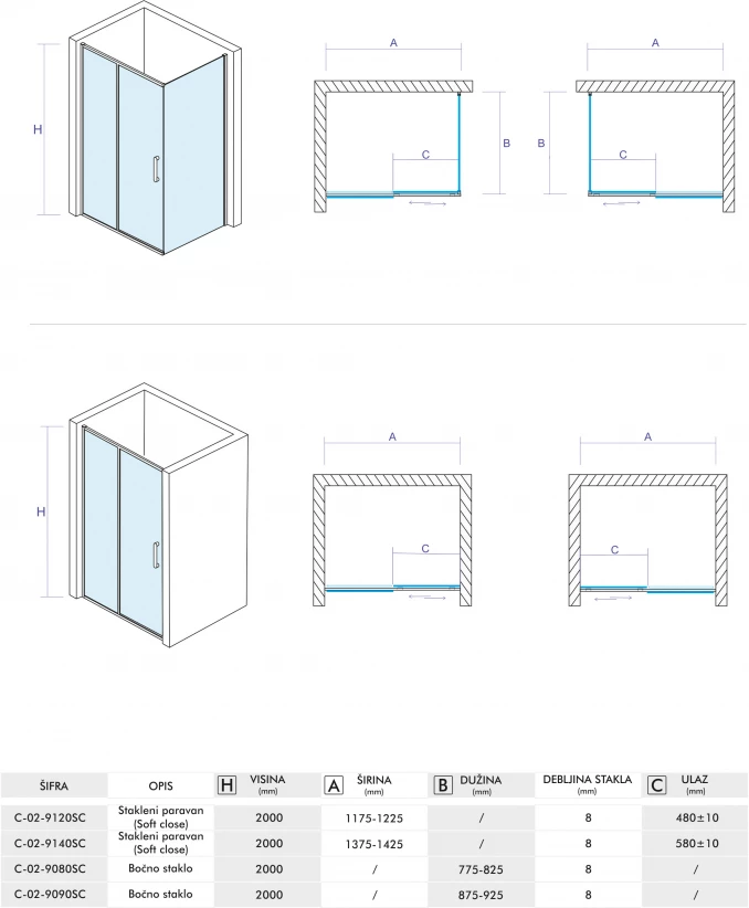 Bočno staklo COPEN ALPHA 80x200cm 8mm staklo