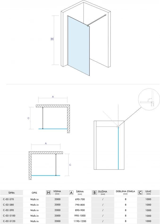 Stakleni paravan COPEN MONTE 100x200cm 8mm staklo