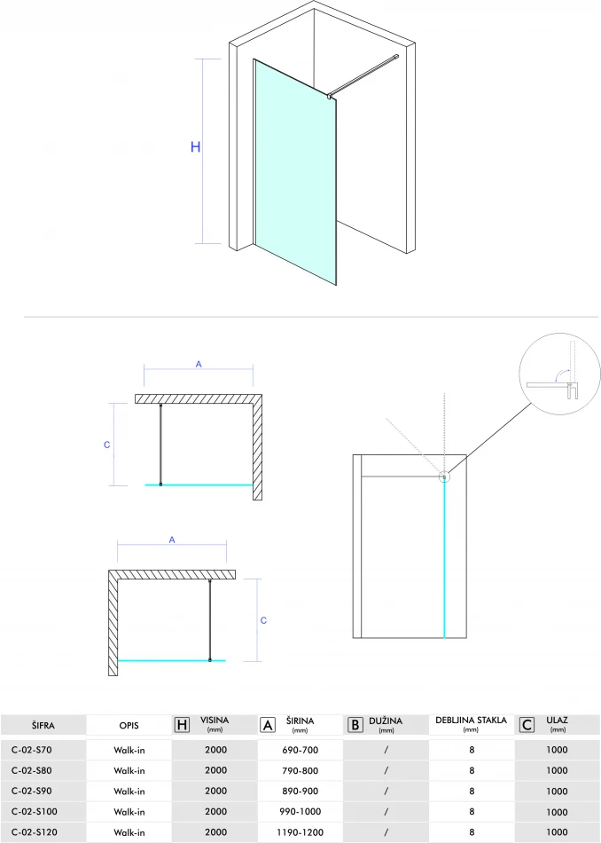 Stakleni paravan COPEN MONTE 70x200cm 8mm staklo