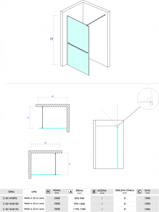 Walk-in COPEN MONTE PLUS 80x200cm crni mat ram 8mm staklo i držač peškira